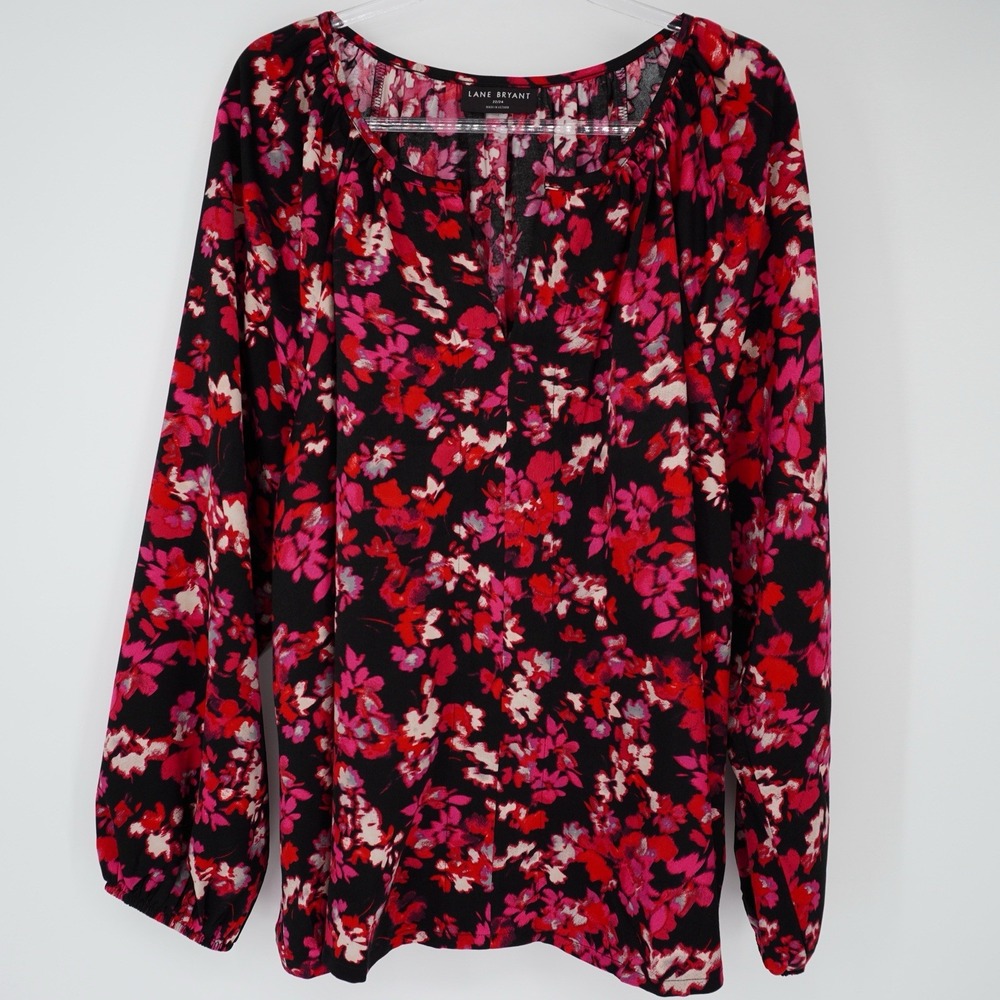 Lane Bryant Plus 22/24 Pink Red Floral Bell Sleeve Tunic Top Cottagecore Career